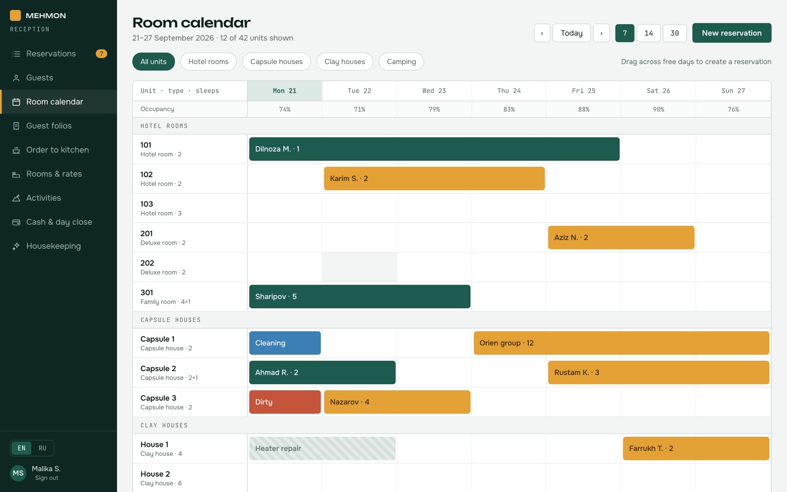 The hotel PMS: the room calendar, every room by day with bookings, cleaning and repairs