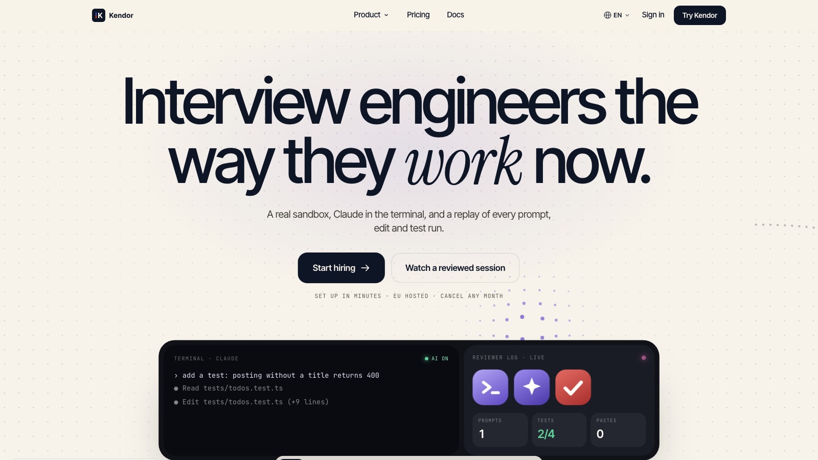kendor.io: the front page, “Interview engineers the way they work now”, above a terminal and a reviewer’s log