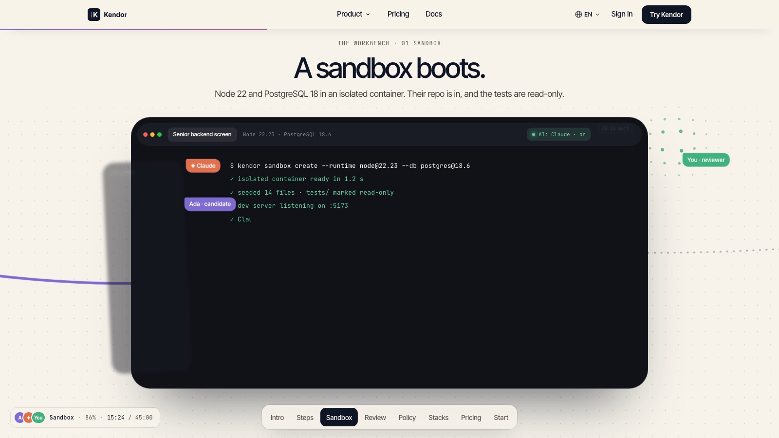 kendor.io: “A sandbox boots”, a terminal starting a container with Node and PostgreSQL