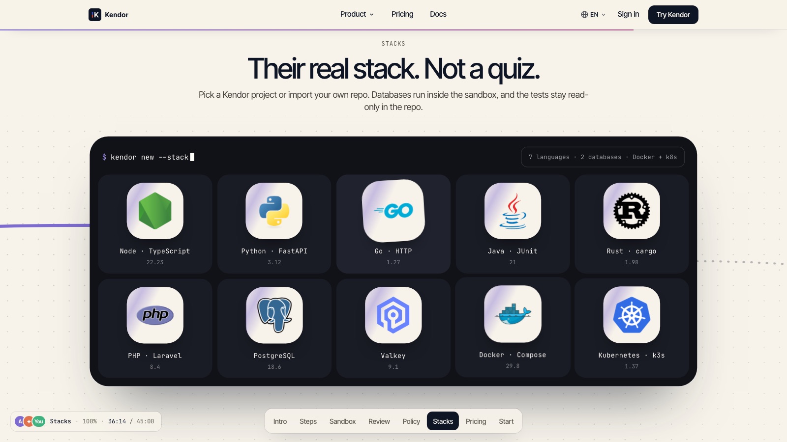 kendor.io: “Their real stack. Not a quiz”, the languages and databases a candidate can work in